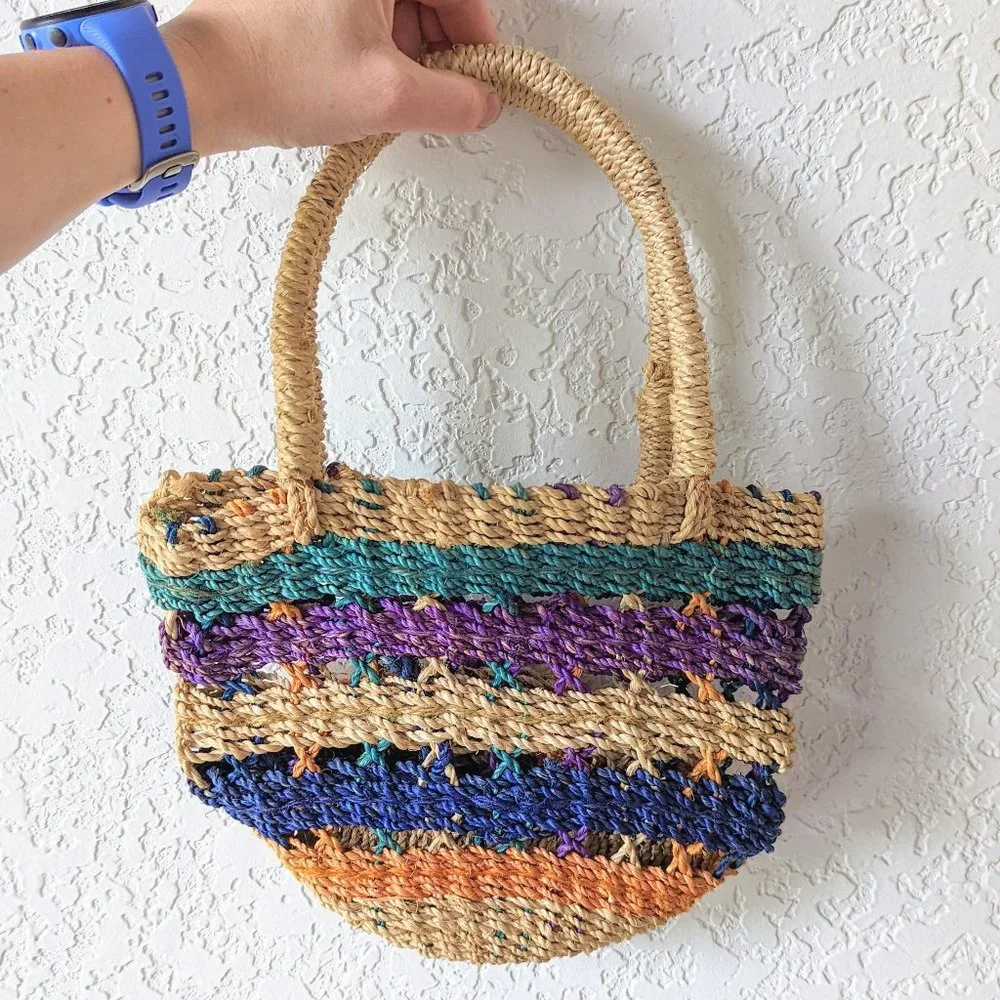 Vintage Colorful Stripe Woven Wicker Straw Mini Tote Raffia Bag